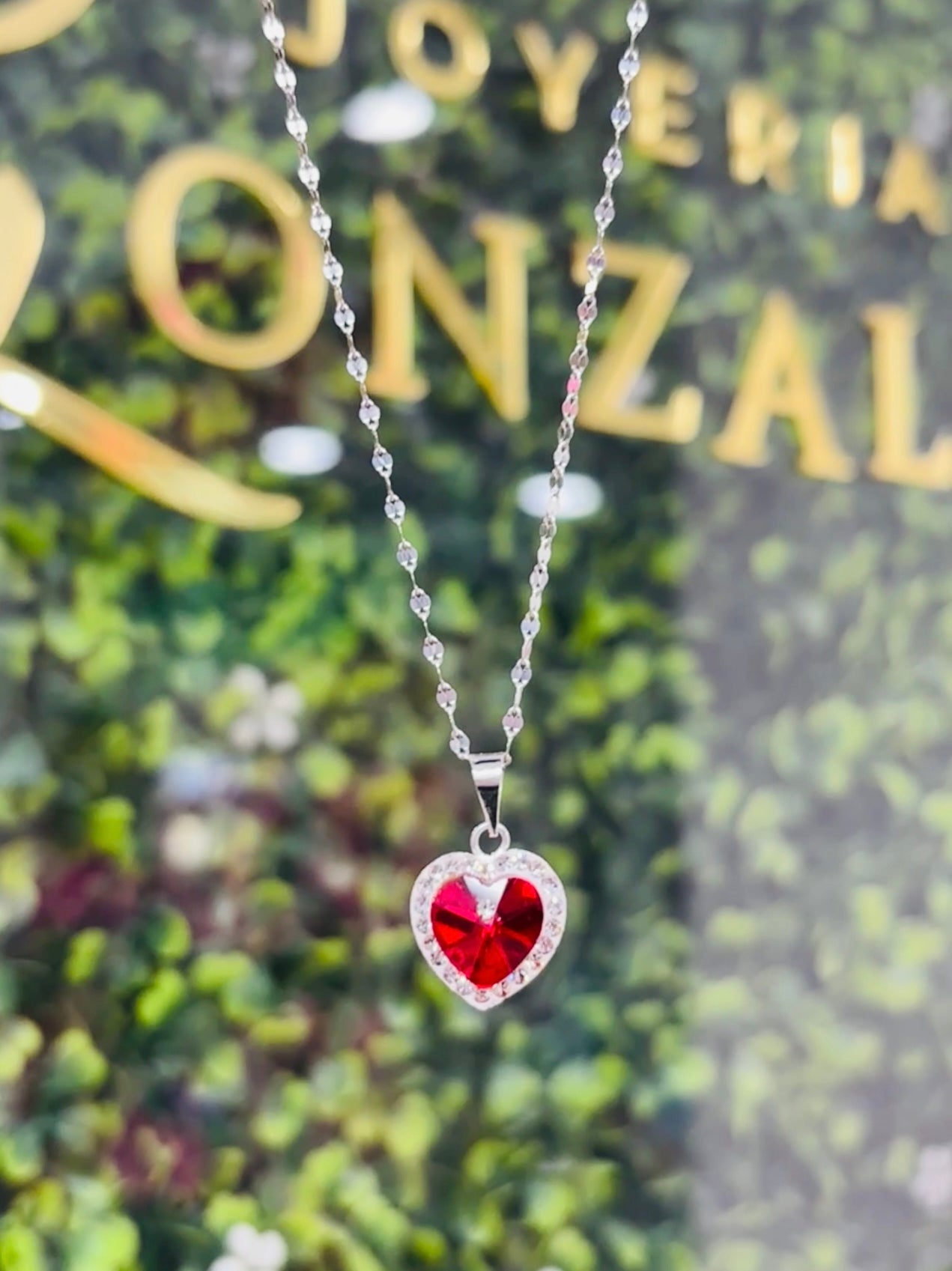 Collar de plata corazón rojo